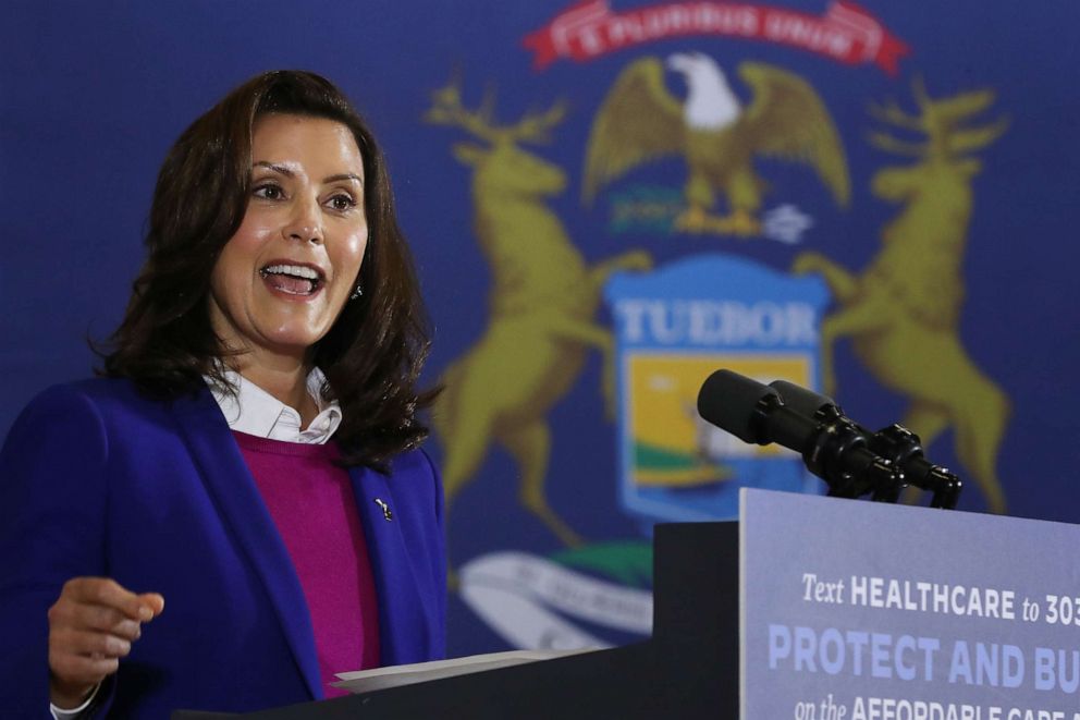 PHOTO: Gov. Gretchen Whitmer introduces Democratic presidential nominee Joe Biden at Beech Woods Recreation Center, Oct. 16, 2020, in Southfield, Mich.