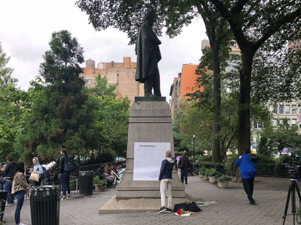 PHOTO: A photograph showing a large piece of paper that was taped to a monument Sept. 28, 2018 in Union Square where comments were recorded on.