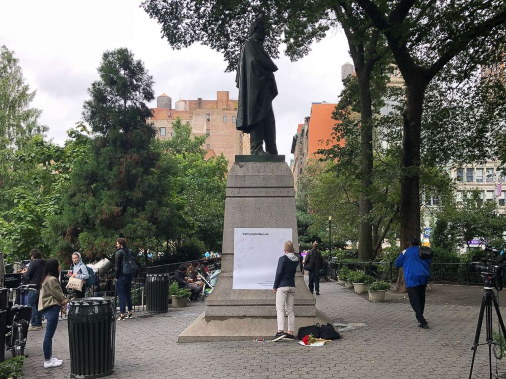 PHOTO: A photograph showing a large piece of paper that was taped to a monument Sept. 28, 2018 in Union Square where comments were recorded on.
