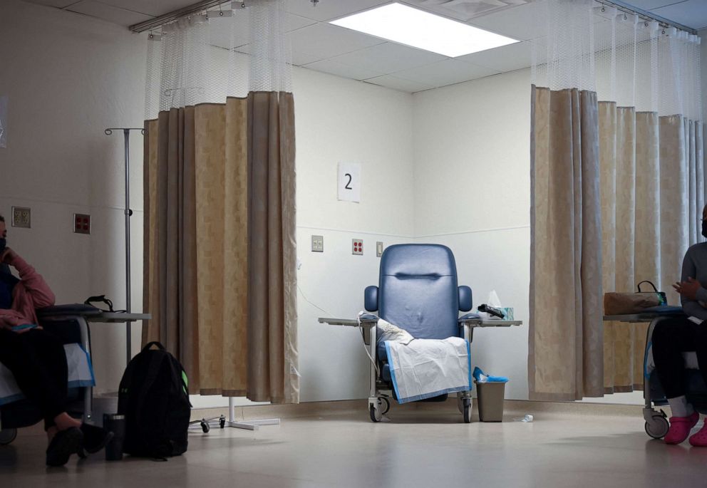 PHOTO: Two women from Texas talk to each other about their travel to Oklahoma as they wait in the recovery room following their abortions at the Trust Women clinic in Oklahoma City, Dec. 6, 2021.