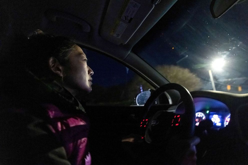 PHOTO: Dr. Shelly Tien, 40, drives her rental car to a hotel in Birmingham, Alabama, March 13, 2022.