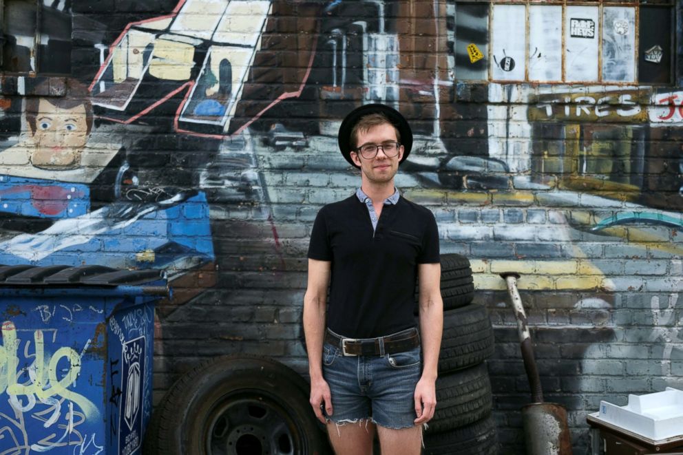 PHOTO: Seth Hatch, 24, an actor who works at a thrift shop in Williamsburg, poses for a picture in Brooklyn, New York, Sept. 2, 2018.