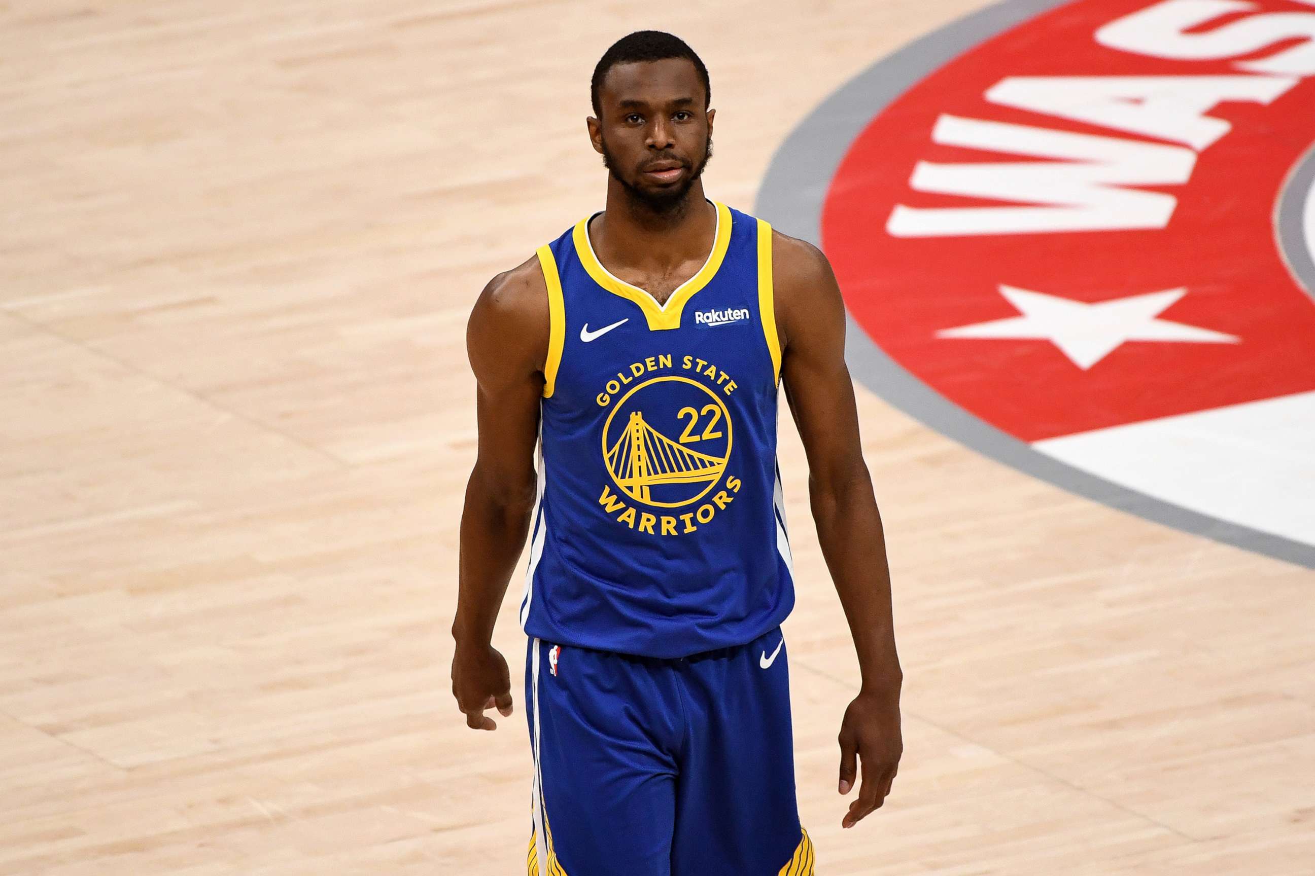 PHOTO: Andrew Wiggins #22 of the Golden State Warriors looks on against the Washington Wizards during the second half at Capital One Arena, April 21, 2021, in Washington, D.C. 