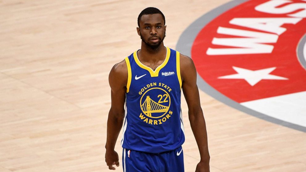 PHOTO: Andrew Wiggins #22 of the Golden State Warriors looks on against the Washington Wizards during the second half at Capital One Arena, April 21, 2021, in Washington, D.C. 