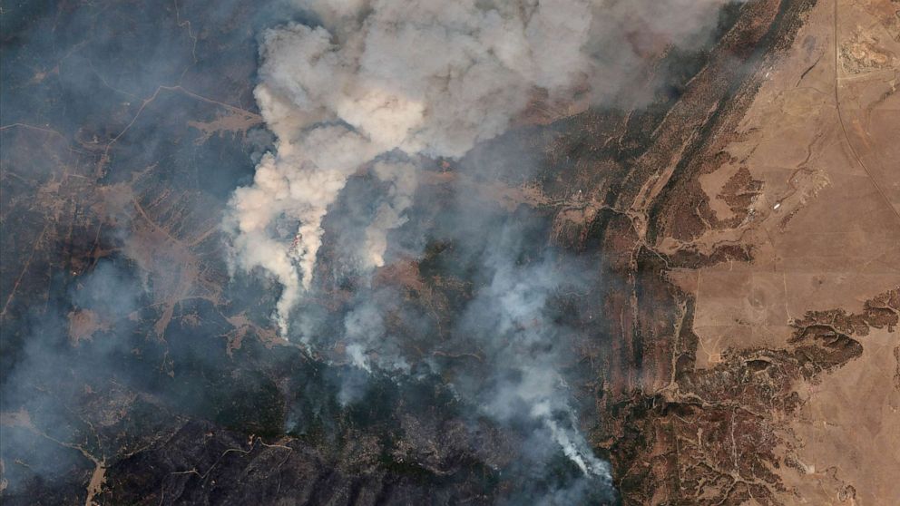 PHOTO: A satellite image shows a natural color overview of  fire lines of Hermits Peak wildfire, east of Santa Fe, N.M., May 1, 2022. 