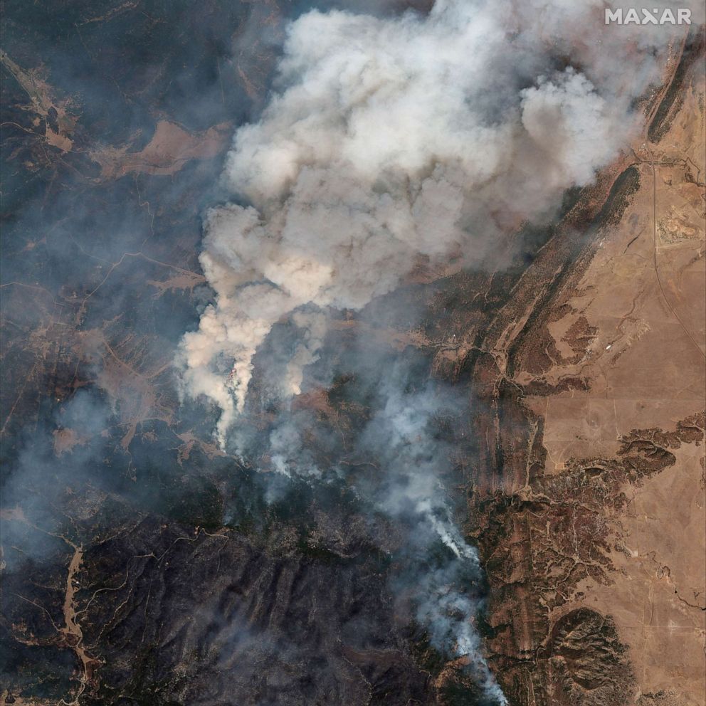 PHOTO: A satellite image shows a natural color overview of  fire lines of Hermits Peak wildfire, east of Santa Fe, N.M., May 1, 2022. 