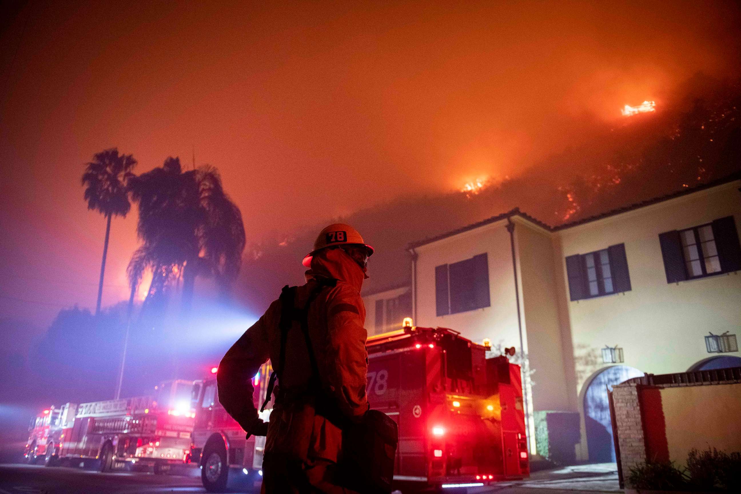 PHOTO: A firefighter watches as flames approach the Mandeville Canyon neighborhood during the Getty fire, Oct. 28, 2019, in Los Angeles.