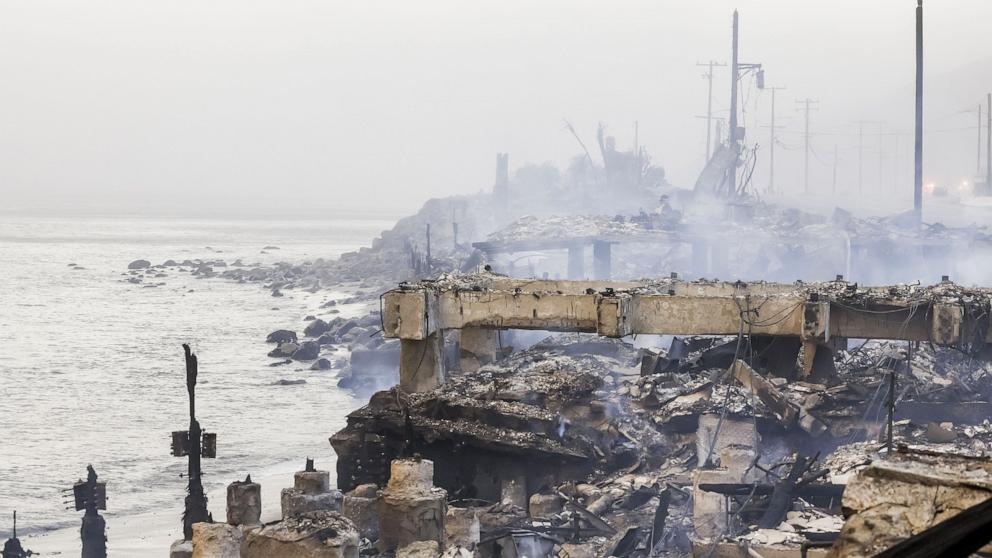 PHOTO: The remains of houses along the Pacific Ocean burned by the Palisades wildfire in Malibu, California, Jan. 8, 2025. 