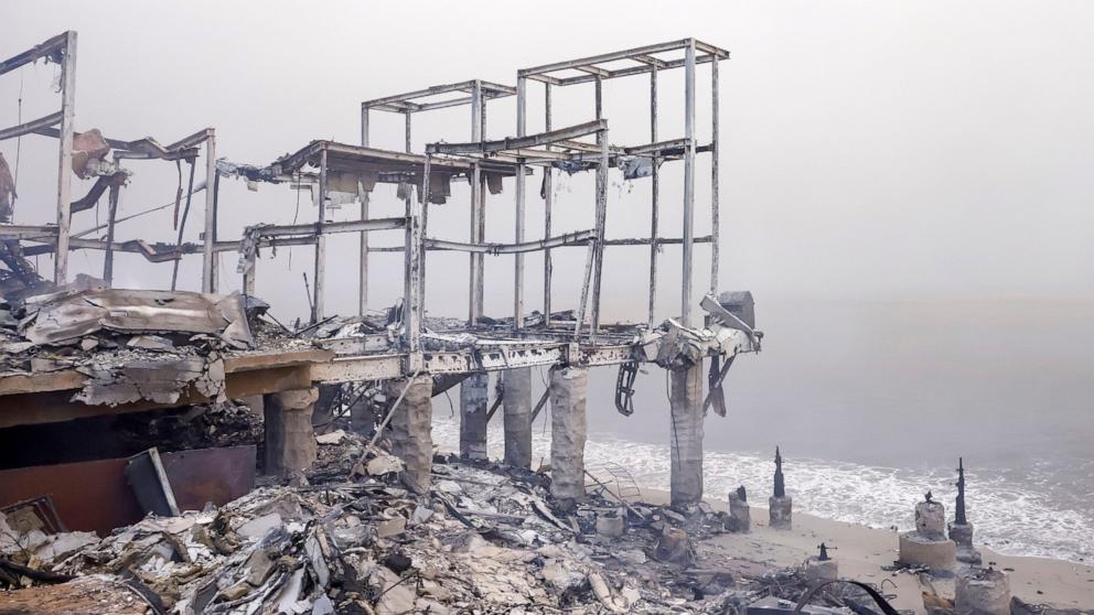 PHOTO: The remains of houses along the Pacific Ocean burned by the Palisades wildfire in Malibu, California, Jan. 8, 2025.