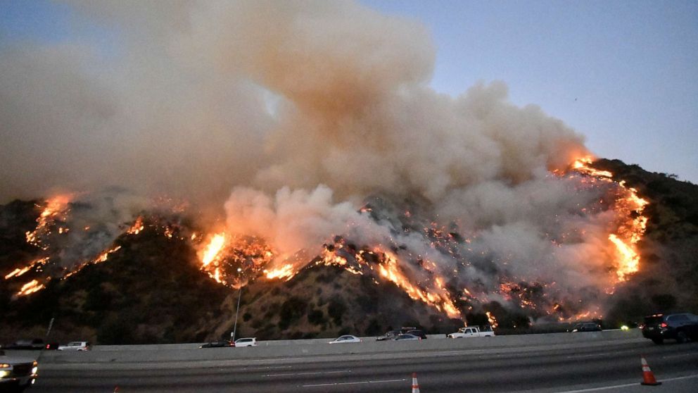 PHOTO: The Getty Fire burns along the 405 freeway north of Los Angeles, Oct. 28, 2019. 