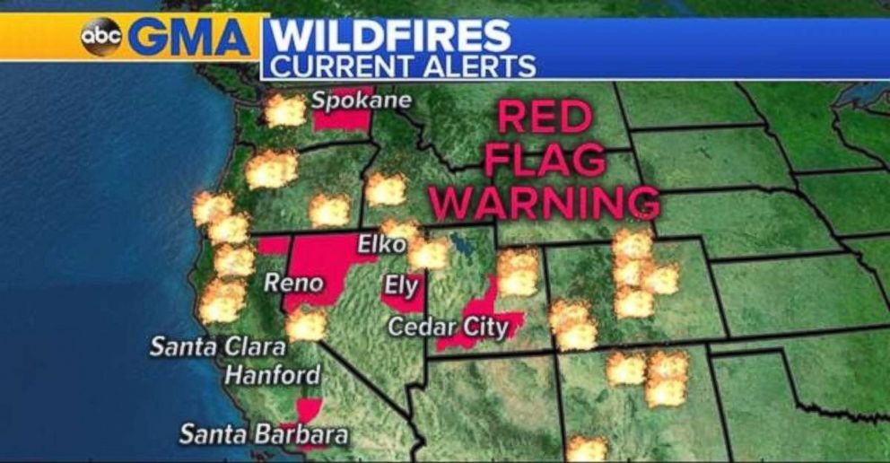 Red flag warnings are in place in Southern California, northern Nevada, central Utah and eastern Washington.