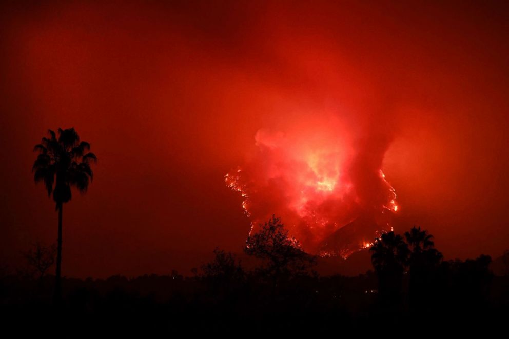 PHOTO: Flames from the Thomas Fire burn in the hills of Montecito, Calif., east of Santa Barbara, Dec. 11, 2017.