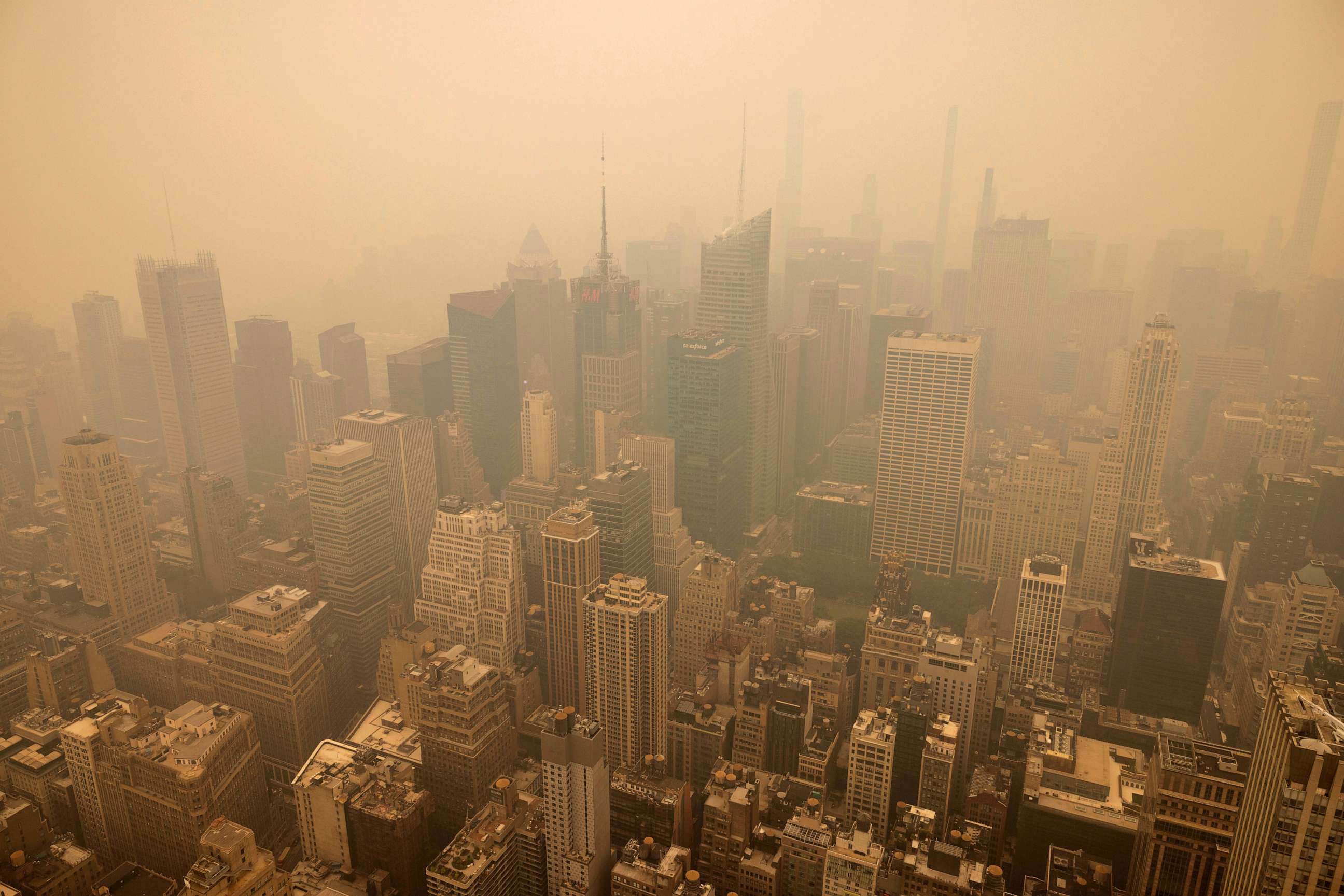 PHOTO: New York City is covered in haze as photographed from the Empire State Building observatory, June 7, 2023, in New York.