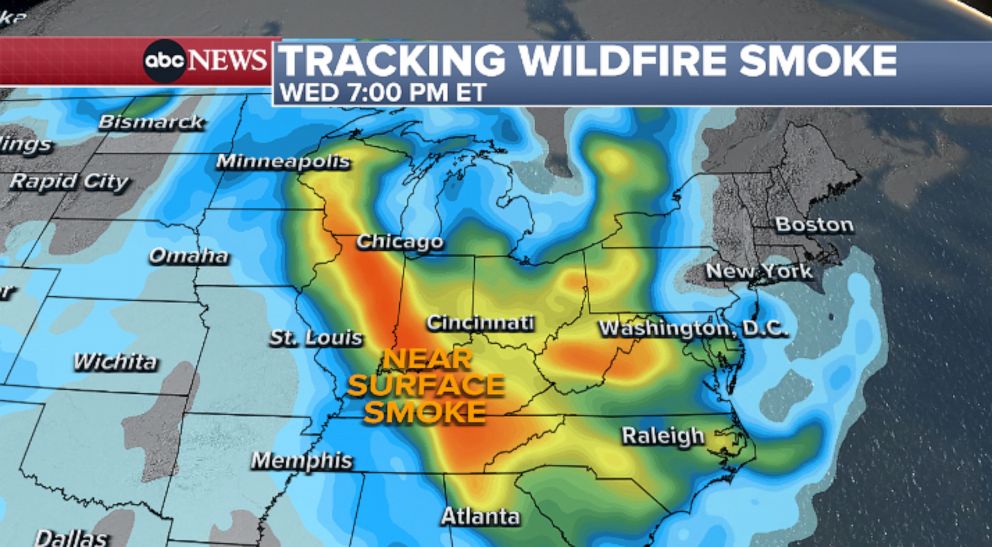 PHOTO: Near-surface smoke is expected to stretch from Wisconsin to Kentucky and into the Carolinas Wednesday evening.