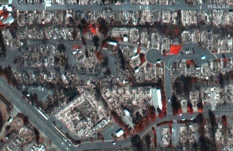 PHOTO: A color infrared satellite image shows a closeup view of Northridge Terrace in Medford, Ore., after the Alameda Fire, Sept. 9, 2020.