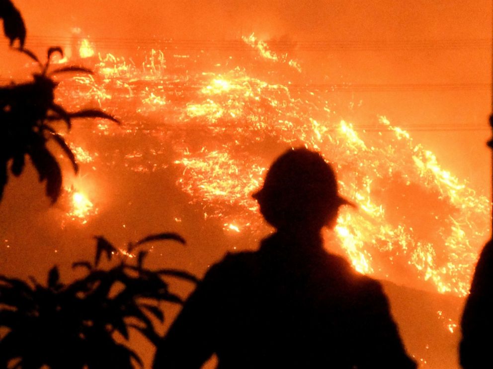 PHOTO: Firefighters keep a close watch on the Thomas wildfire in the hills outside Montecito, Calif., Dec. 16, 2017.