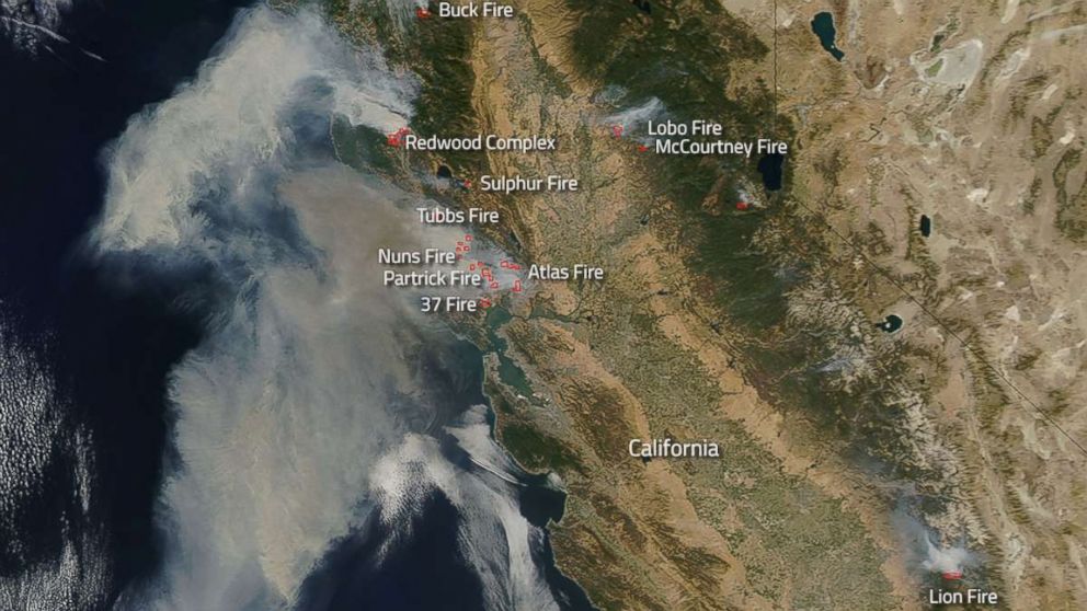 PHOTO: Northern California wildfires burning as seen from space, Oct. 9, 2017. by NASA satellites.