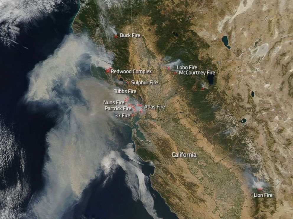 PHOTO: Northern California wildfires burning as seen from space, Oct. 9, 2017. by NASA satellites.