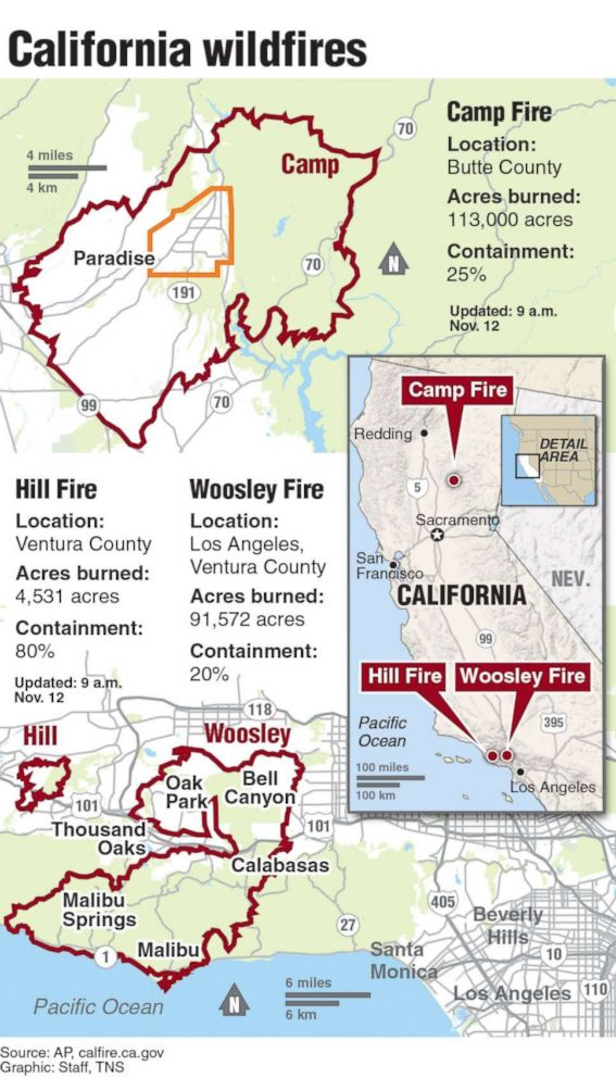 PHOTO: A locator map of the California wildfires distributed by Newscom, Nov. 11, 2018.