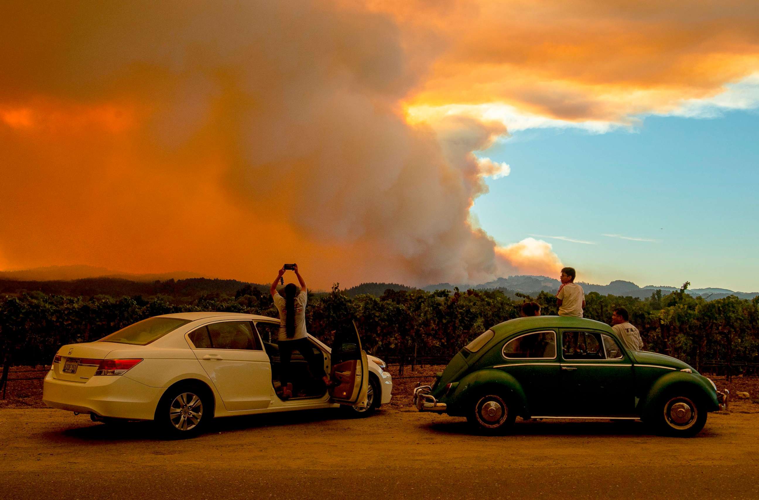 PHOTO: People watch the Walbridge fire, part of the larger LNU Lightning Complex fire, from a vineyard in Healdsburg, Calif. on Aug. 20, 2020.