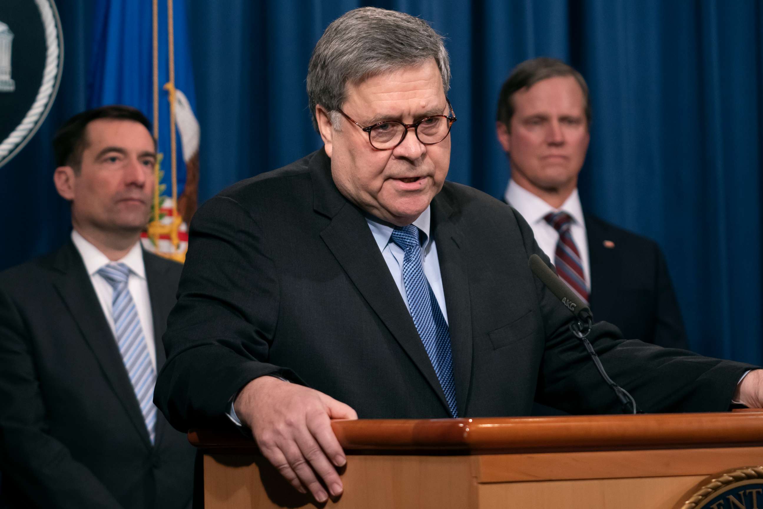 PHOTO: Attorney General William Barr speaks to reporters at the Justice Department in Washington, Jan. 13, 2020, to announce results of an investigation of the shootings at the Pensacola Naval Air Station in Florida.