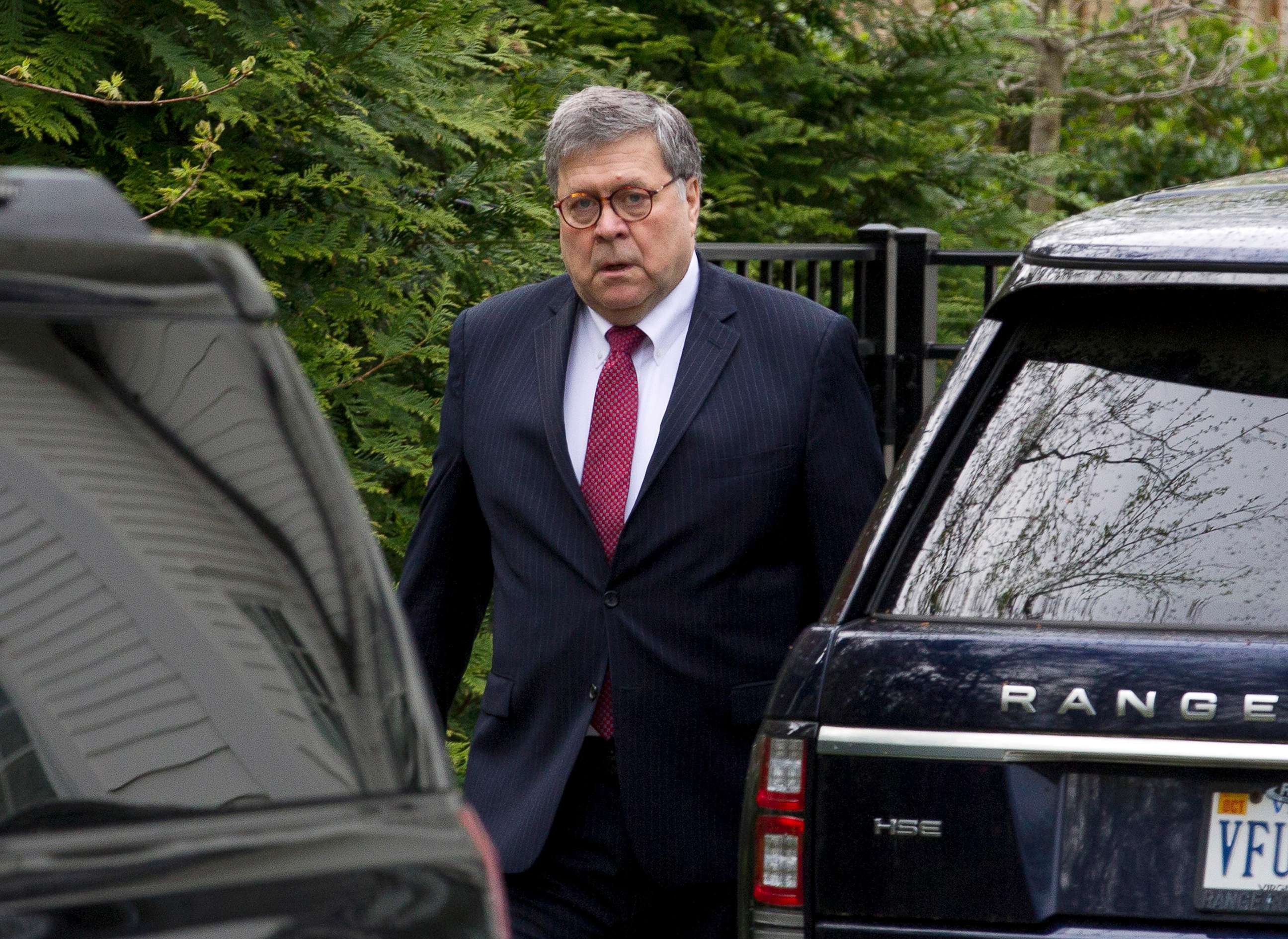 PHOTO: Attorney General William Barr leaves his home in McLean, Va., April 15, 2019.