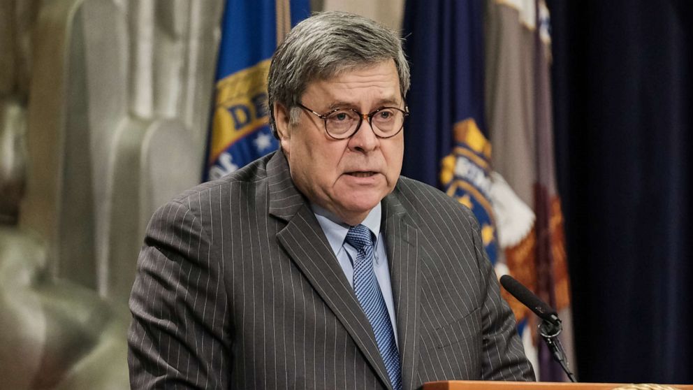 PHOTO: Attorney General William Barr delivers remarks at an event at the Department of Justice Headquarters, Jan. 22, 2020, in Washington.