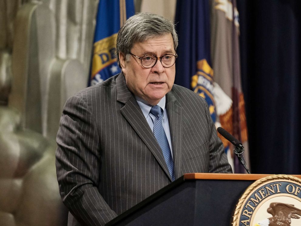 PHOTO: Attorney General William Barr delivers remarks at an event at the Department of Justice Headquarters, Jan. 22, 2020, in Washington.