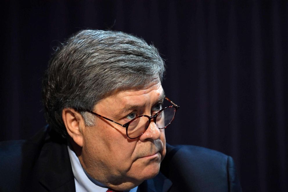 PHOTO: Attorney General William Barr looks on during a roundtable with President Donald Trump, faith leaders and small business owners at Gateway Church Dallas Campus in Dallas, June 11, 2020.