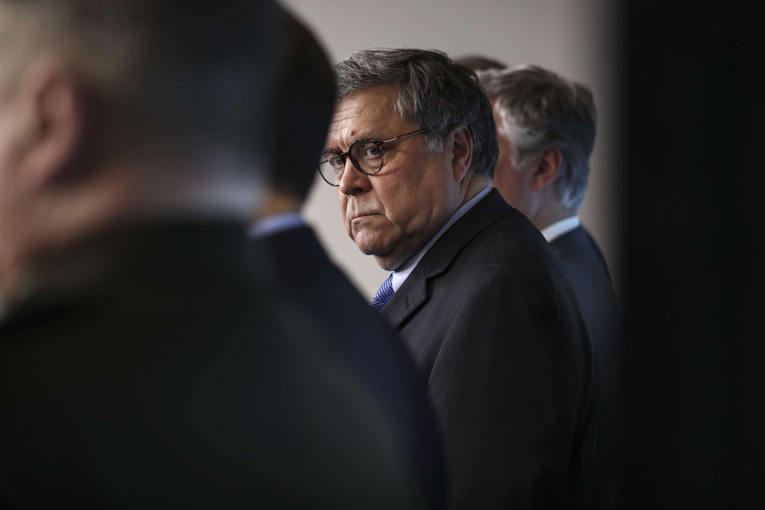 PHOTO: Attorney General William Barr listens during a Coronavirus Task Force news conference at the White House in Washington, April 1, 2020.