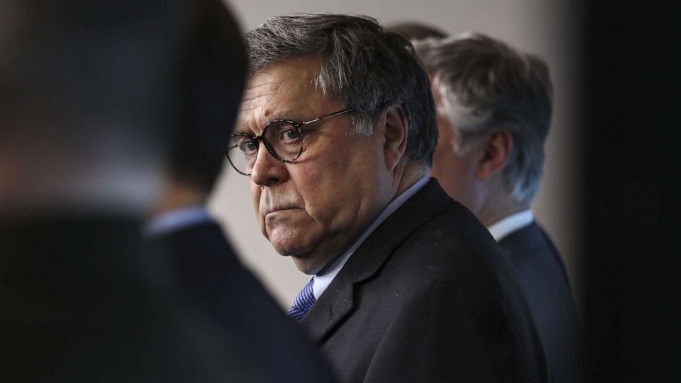 PHOTO: Attorney General William Barr listens during a Coronavirus Task Force news conference at the White House in Washington, April 1, 2020.