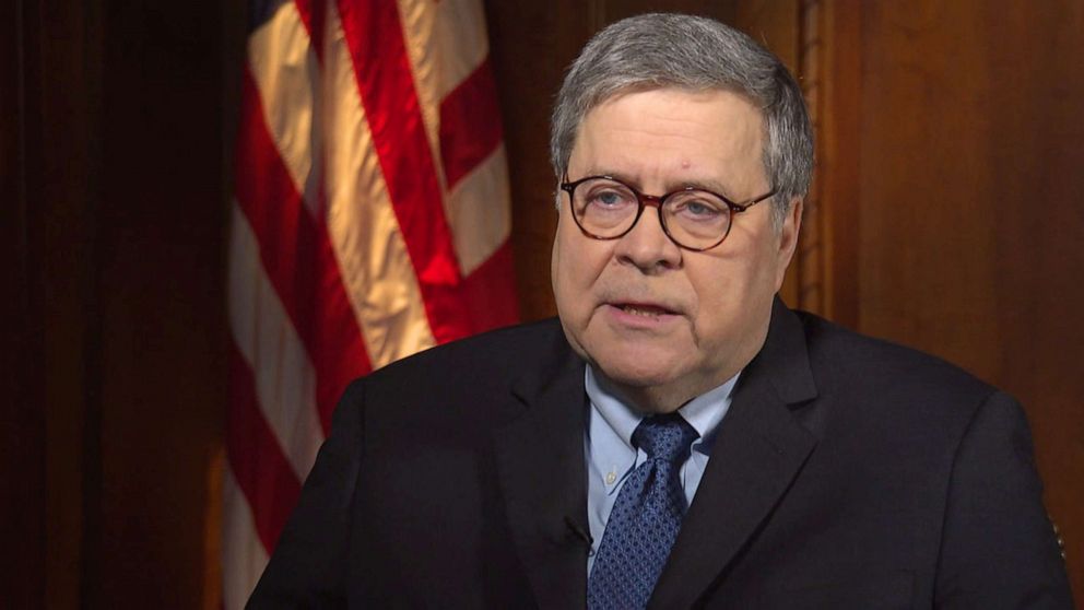PHOTO: Attorney General William Barr speaks to ABC News'' Pierre Thomas during an interview on Feb. 13, 2020.