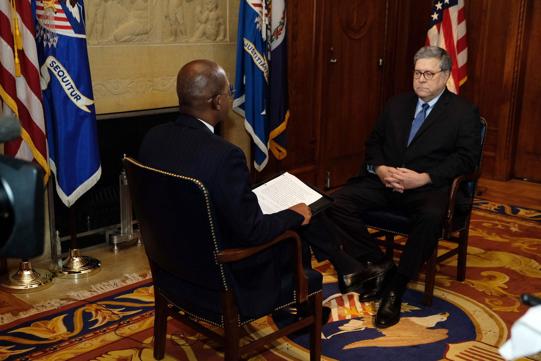PHOTO: Attorney General William Barr speaks to ABC News' Pierre Thomas during an interview on Feb. 13, 2020.