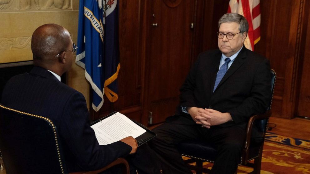 Attorney General William Barr speaks to ABC News' Pierre Thomas during an interview on Feb. 13, 2020.Jack Date/ABC News