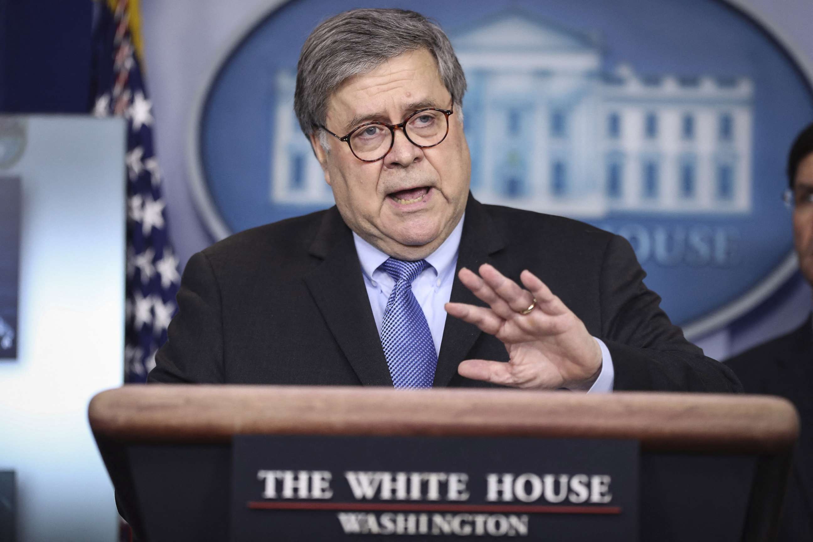 PHOTO: Attorney General William Barr speaks during a press conference in the Brady Press Briefing Room of the White House on April 1, 2020, in Washington, DC.