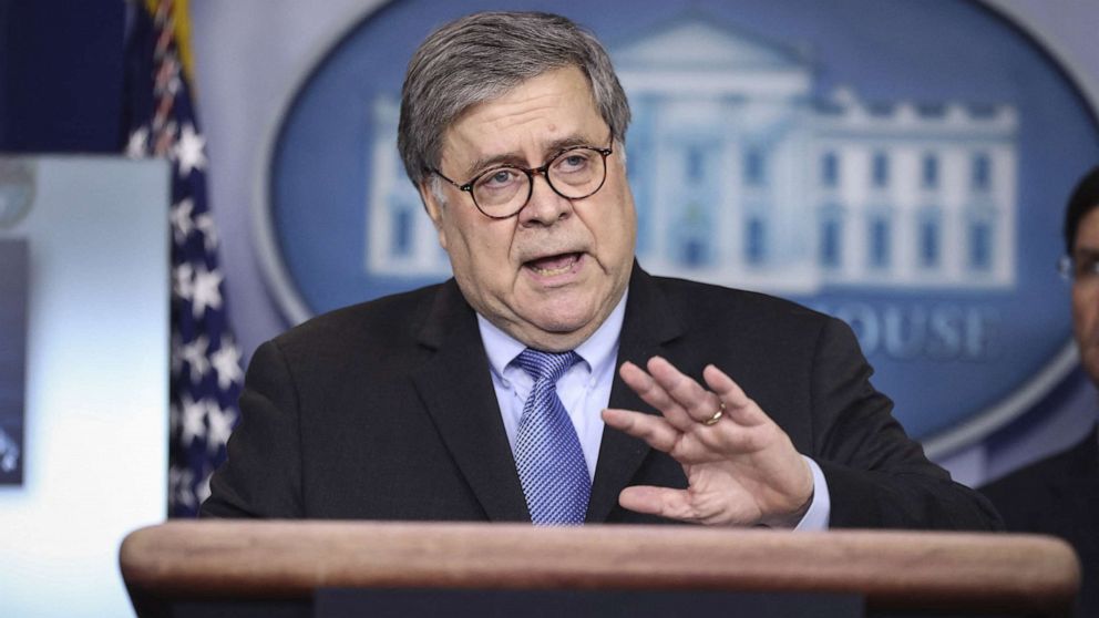 PHOTO: Attorney General William Barr speaks during a press conference in the Brady Press Briefing Room of the White House on April 1, 2020, in Washington, DC.