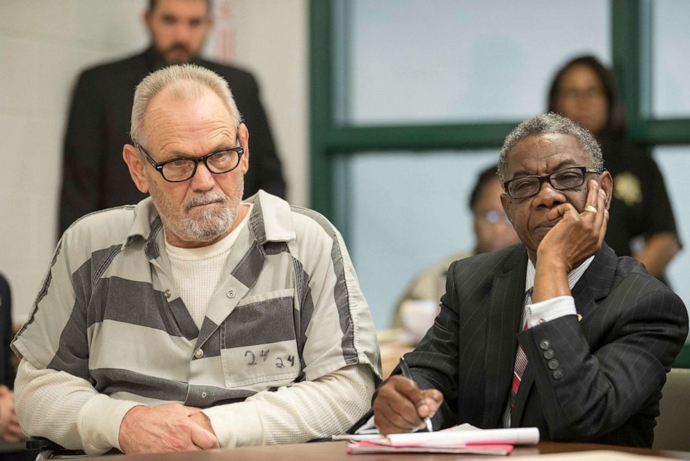 PHOTO: Bill Moore Sr., left, and his lawyer, Atty. Harry Charles, listen as GBI investigator Jared Coleman testifies during a preliminary hearing in a courtroom located inside the Spalding County law enforcement complex, in Griffin, Ga., Nov. 30, 2017.