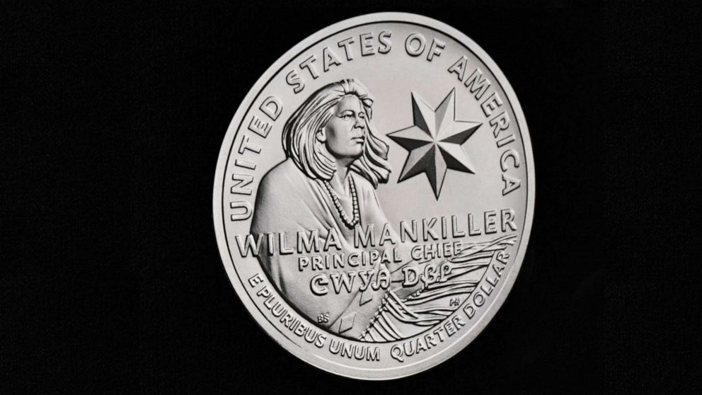 PHOTO: The Wilma Mankiller quarters is displayed when Secretary of the Treasury Janet Yellen spoke to employees after touring The Denver Mint in Denver, March 11, 2022.