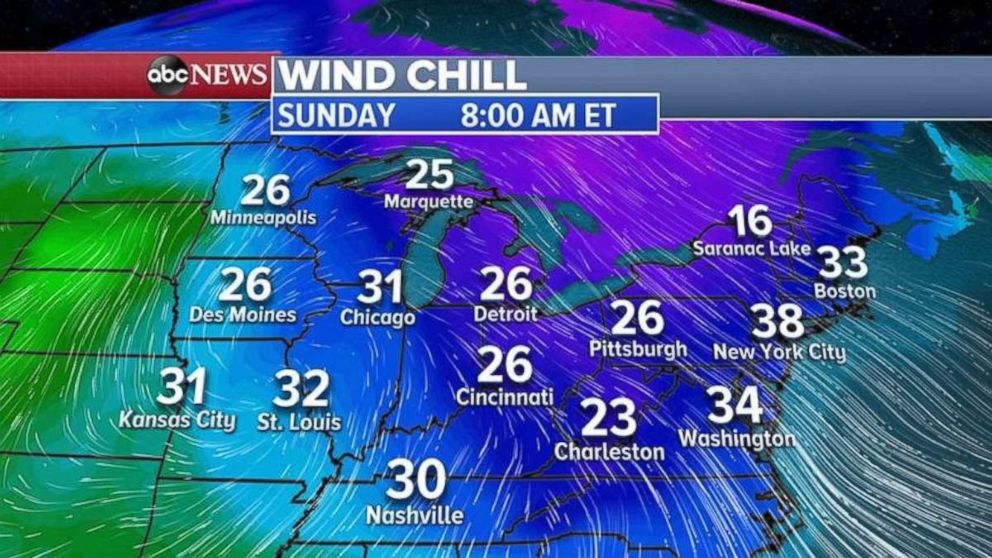 PHOTO: Wind chill temperatures will be the coldest of the season in the Midwest and Northeast on Sunday morning.