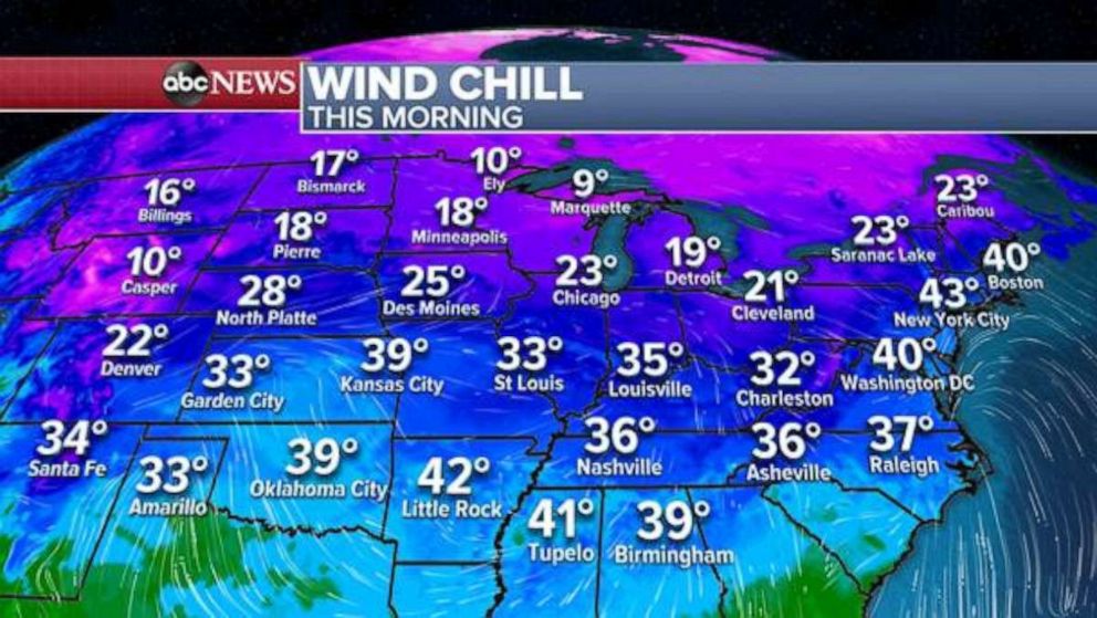 PHOTO: Wind chill readings will look more like February or March across much of the eastern half of country on Thursday morning.
