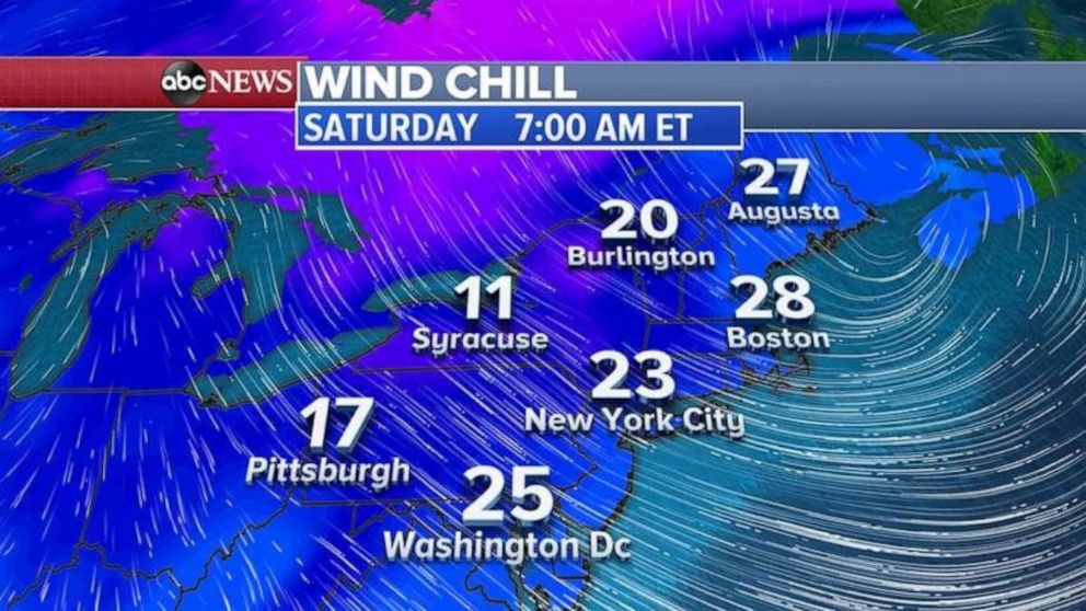 PHOTO: Wind chills will be in the 20s and teens across the entire Northeast on Saturday morning.