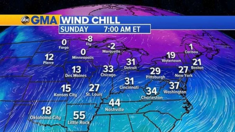 PHOTO: Wind chills will be in the 20s and 30s across much of the eastern U.S. on Sunday morning.