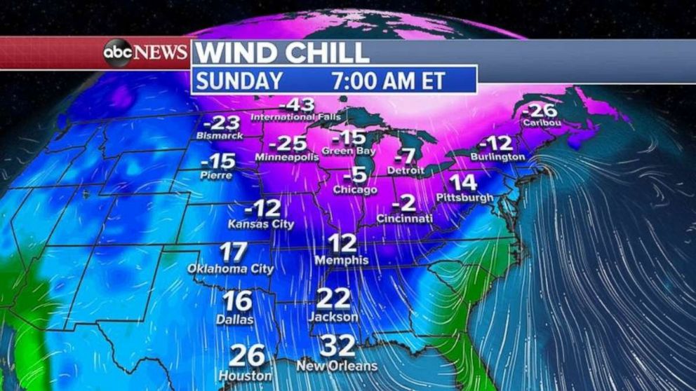 PHOTO: The coldest weather of the year will move into the eastern U.S. on Sunday as the storm exits. Wind chills will be below zero in much of the Midwest and Plains.