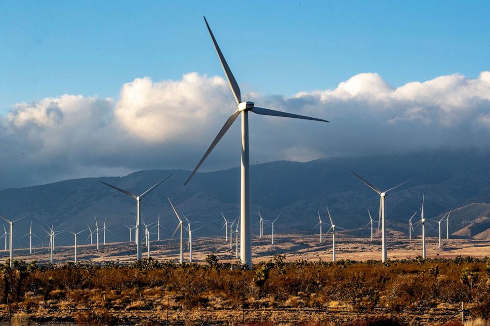 PHOTO: Manzanas wind turbines stand in the desert landscape near the Tehachapi Mountains, Feb. 16, 2021, in Rosamond, Calif.