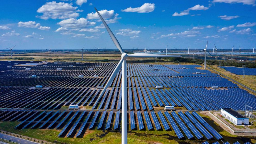 PHOTO: Solar panels and wind turbines of Wind, Solar and Fishing Base in Dongtai near Yancheng, Jiangsu province, China, Oct. 14, 2020. 