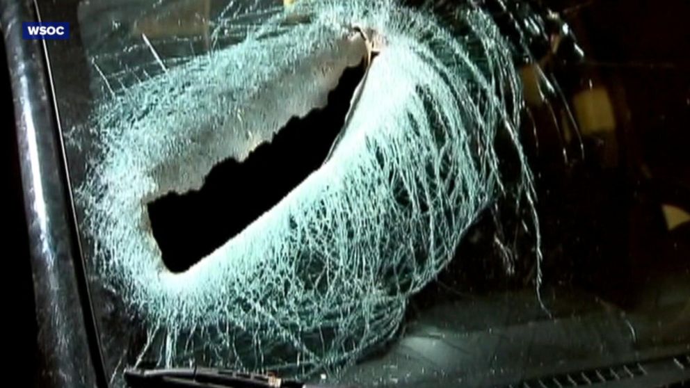 PHOTO: The damage to the windshield of the Rowland's car after a metal object struck the car, injuring Patrick Rowland in the passenger seat while his wife, Ashlie Rowland, drove on I-85 near Belmont, N.C., Jan. 18, 2018.