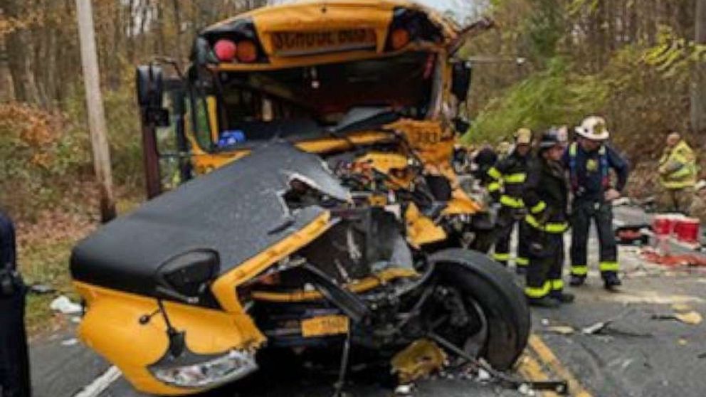 PHOTO: Rescue crews work the scene of a school bus crash in New Windsor, New York, Oct. 21, 2020.