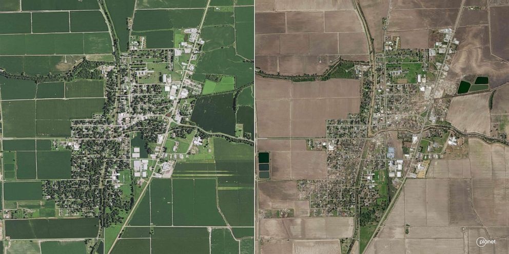 PHOTO: This combination of handout aerial images released by Planet Labs PBC shows the town of Rolling Fork, Mississippi, on July 13, 2020, and damage to the town on March 25, 2023, after a tornado touched down on March 24, 2023.