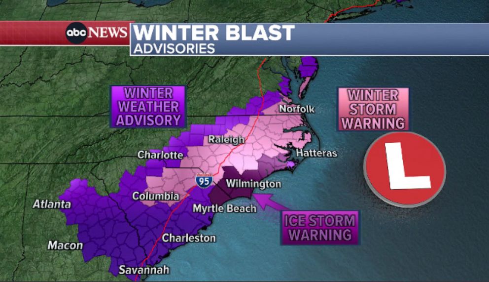 PHOTO: Winter weather alerts in effect from Georgia to Virginia.