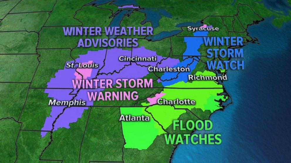 PHOTO: Winter weather alerts are in place across much of the Ohio Valley, Midwest and Northeast, while the Southeast could see flooding rain.